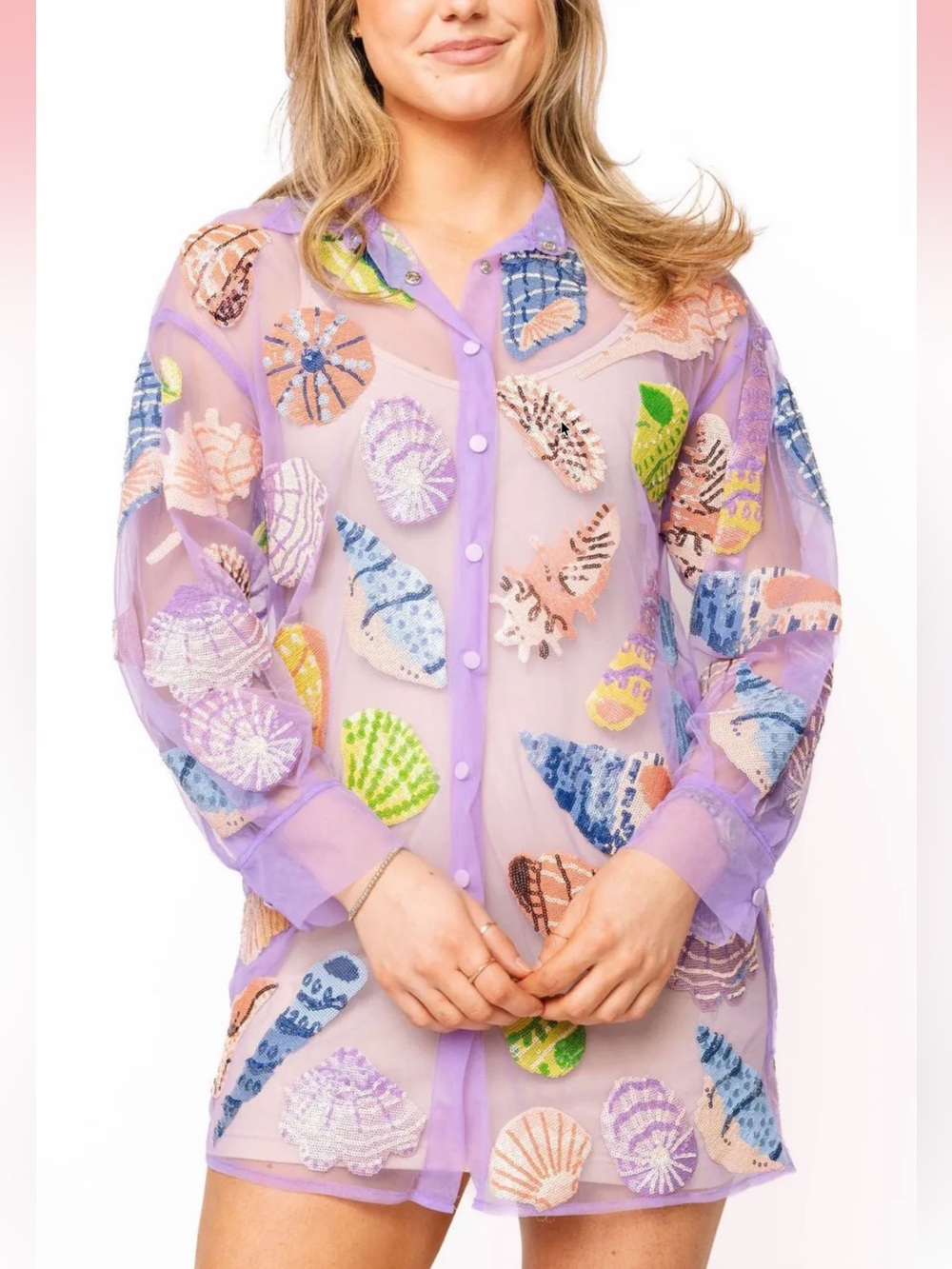 QUEEN OF SPARKLES Purple Sheer Multi Sea Shell Button Up Coverup Small